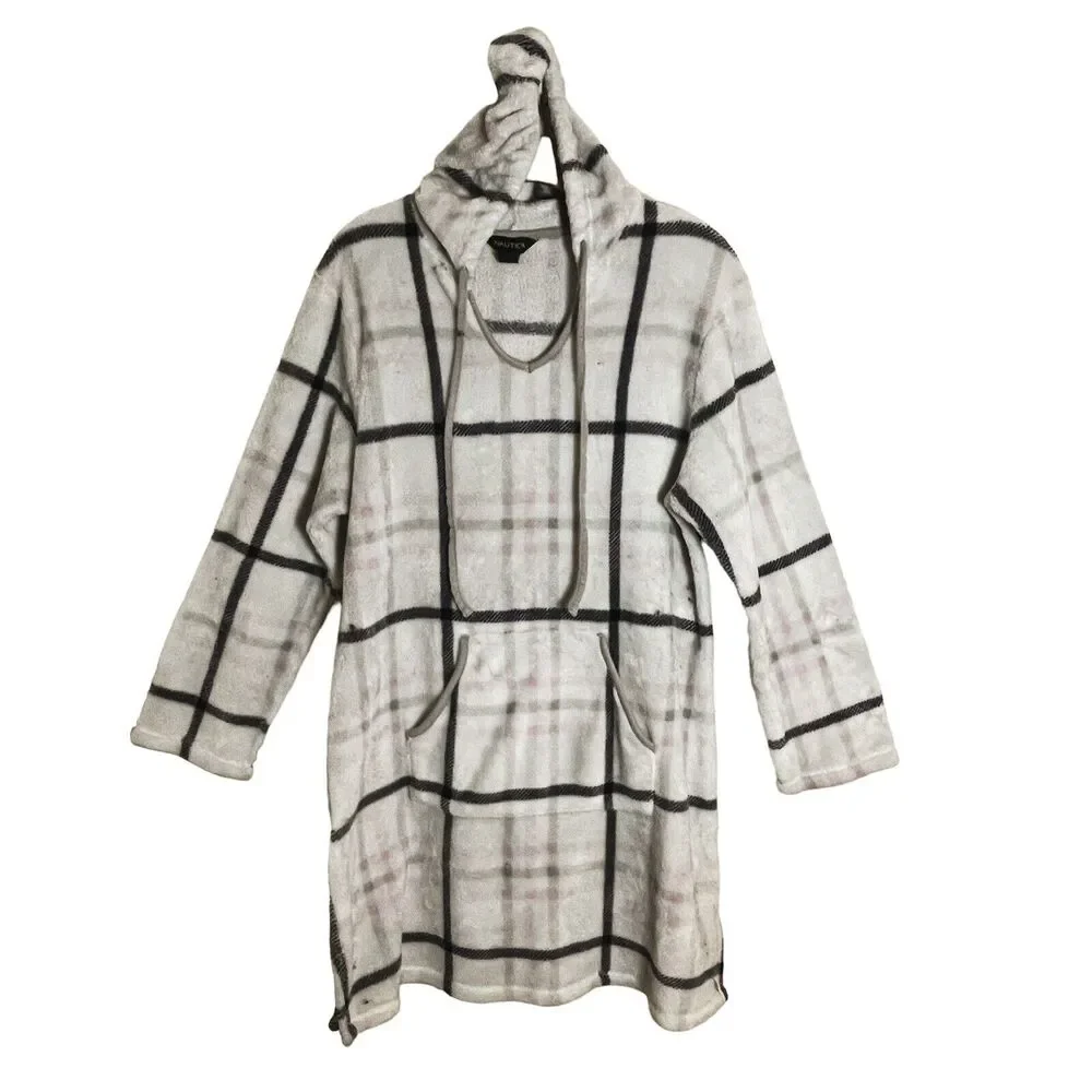 Nautica Hooded Plush Fleece Plaid Tunic Robe Sz XL Womens Kangaroo‎ Pocket Soft